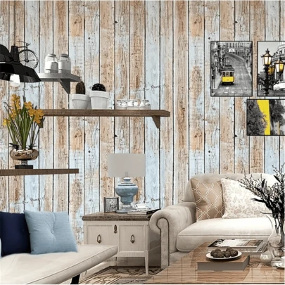 1卷复古拼接木纹自粘墙纸，适用于背景墙、艺术墙、墙面装饰、橱柜、餐桌、书柜、家居装饰、房间装饰、复古装饰、房间装饰美学