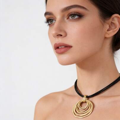 1pc Asymmetrical Leather Cord Necklace With Multi-Circle Pendant, Alloy Large Charm Necklace Suitable For Daily, Holiday, Party, Banquet, Women Jewelry