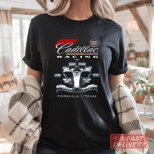 Casual Women's Black Knitted Fabric Regular Sleeve Cadillac Racing F1 Team Tee For Everyday Wear - 黑色 - 查看 1