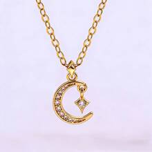1 set de collier pendentif en acier inoxydable avec chaîne, strass, étoile et lune, et boucles d'oreilles assortis. Conception élégante et polyvalente de luxe. Accessoires cadeaux - Doré - Voir 7