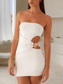 Women Conch Decor Cut Out Tube Mini Dress Y2K Strapless Off The Shoulder Hollow Out Bodycon Short Dress Summer Sexy Backless Sleeveless Elegent Going Out Dresses Cocktail Party Beach Vacation Bandeau Dress - 白色 - 查看 1