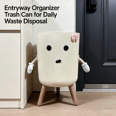 1pc Cute Cartoon Large Trash Can With Lid - Press To Open, Plastic Garbage Bin Suitable For Kitchen, Bathroom, Living Room