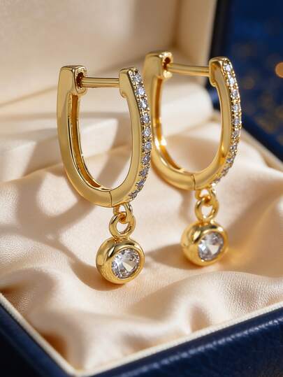 Khuyên tai kẹp mạ vàng dành cho nữ, đính toàn bộ đá Zirconia và mặt dây chuyền Zirconia, kiểu dáng tối giản thanh lịch, phù hợp cho đi làm và sinh hoạt hàng ngày, món quà lý tưởng cho những người yêu thích thời trang.