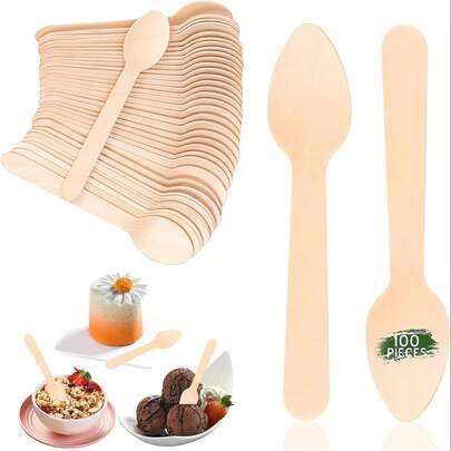 One-Time Use Of Natural Wooden Spoons, Wooden Forks, And Wooden Knives – Simple And Elegant Design, Suitable For Weddings, Parties, Baking, And Home Kitchens – Utensils, Ideal For Ice Cream, Yogurt, And Pudding – Large-Capacity Dessert Spoons For Events.
