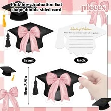 Decoraciones para la fiesta de graduación 2026, tarjeta de felicitación con forma de birrete de graduación de doble cara con lazo rosa - A - Ver 5