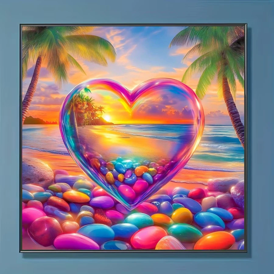 1件套全新心形海洋主题钻石画套装，5D圆形水晶钻石马赛克DIY工艺品，适合制作手工礼物，装饰客厅、卧室，可用于宰牲节、父亲节、母亲节、婚礼、五一劳动节、复活节、圣诞节、情人节等场合，无框。