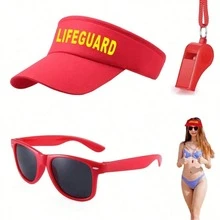 1/2/3/4/5 Pcs Summer New Lifeguard Costume Set, Includes Swimsuit, Sunhat, Fashion Glasses, Whistle, Surfboard Bag, Beach Holiday Outfit, Suitable For Halloween, Cosplay Party - Multicolor - View 16
