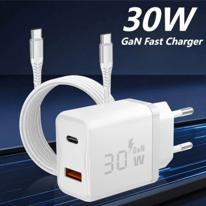 Bộ sạc nhanh 30W USB C PD 30W+QC18W, bộ chuyển đổi sạc 2 cổng USB A+C, tương thích với iPhone 17 16 15 14 13, Galaxy S25 S24 S23, Mate60 Nova, bao gồm cáp Type-C dài 100cm/3.3ft.