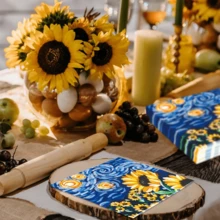 20 Pieces Of Sunflower Party Napkins, Featuring An Oil Painting Style. The Pattern Depicts Various Sunflowers Under The Summer Night Sky, Which Is Abstract And Exquisite. They Are Suitable For Weddings, Birthdays, Festival Celebrations, Bride Gatherings And Summer Parties. They Are Ideal Tableware. - Multicolor - View 6