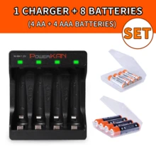 POWERKAN AA/AAA电池充电套装：4槽独立高速USB充电器+1.2V可充电电池（4节AA电池+4节AAA电池），家用电子产品必备套装，即买即用 - 是 - 查看 10