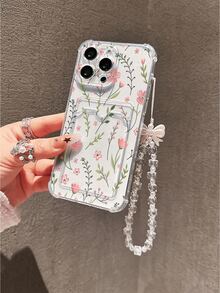 Flower Sweet Floral Pattern Transparent Card Slot Soft TPU Phone Case With Bracelet Strap, Precise Cutouts, Anti-Fall, Wear-Resistant, Minimalist Design, Printed Protective Cover For IPhone 17/17 Pro/17 Pro Max, 16 XR/7/8, 15 Pro Max, 12 Pro Max, 13 Pro Max, 14 Pro Max, 13, 14, 11, 12, P14, P11, P12, XS, XR, 7/8, P, 7/8 GES2 - Clear - View 5