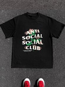A Blooming Rose Intertwined With Bold Anti Social Club Text Symbolizing The Tension Between Isolation And Desire For Beauty Men 100% Cotton Graphic Tshirt - 黑色 - 查看 6