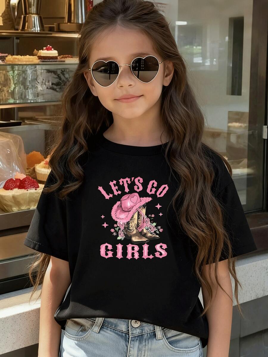 Girls' Printed T-Shirt With Cowboy Boots & "Let's Go Girls" Lettering, Country Chic Style, Soft Cotton, Ideal For Parties & Everyday Wear, Comfortable And Fun Gift To Express Your Personality! - Black - View 1