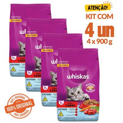  Kit 4 un Ração Whiskas Gatos Adultos Castrados Carne 900g – Sabor Carne | 32% Proteína | Embalagem Original
