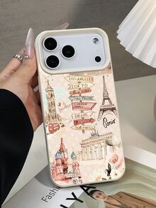 1pc Fashion Hand-Painted Paris Eiffel Tower & Clock Travel Collage Pattern Litchi Texture Shockproof Anti-Slip Soft Phone Case Compatible With Apple, Phones - Multicolor - View 5