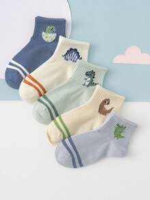 5 pares de lindos calcetines de media pantorrilla diarios versátiles y a la moda con diseños de dinosaurios y cocodrilos para niños y niñas - Multicolor - Ver 6