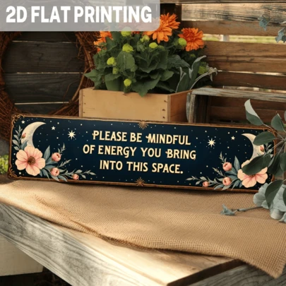 2D Flat Printed Iron Inspirational Plaque, Single Piece, Celestial Theme, Reminds You Of The Energy You Bring To This Space. This Vintage-Style Wall Decor Is Suitable For Indoor Or Outdoor Use, Great For Bedroom, Living Room, Yoga Studio