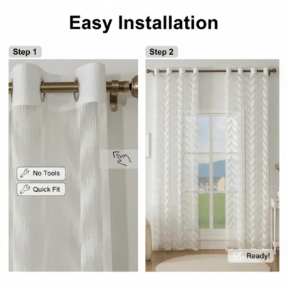 1pc White Jacquard Wave Pattern Sheer Curtain, Soft Lighting For Bedroom, Study, Living Room, Balcony