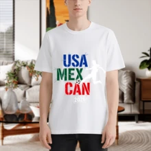 USA MEX CAN 2026 Soccer Fan Men's TShirt, with a bold graphic print that showcases the USA, Mexico, and Canada flags intertwined with a soccer ball, designed for everyday casual wear to elevate personal style. Perfect for lounging at home for ultimate comfort, this tshirt is also ideal for commuting, daily outings, and makes a great gift for friends' birthdays or holidays, celebrating the 2026 soccer event with patriotic flair. - Weiss - Übersicht 4