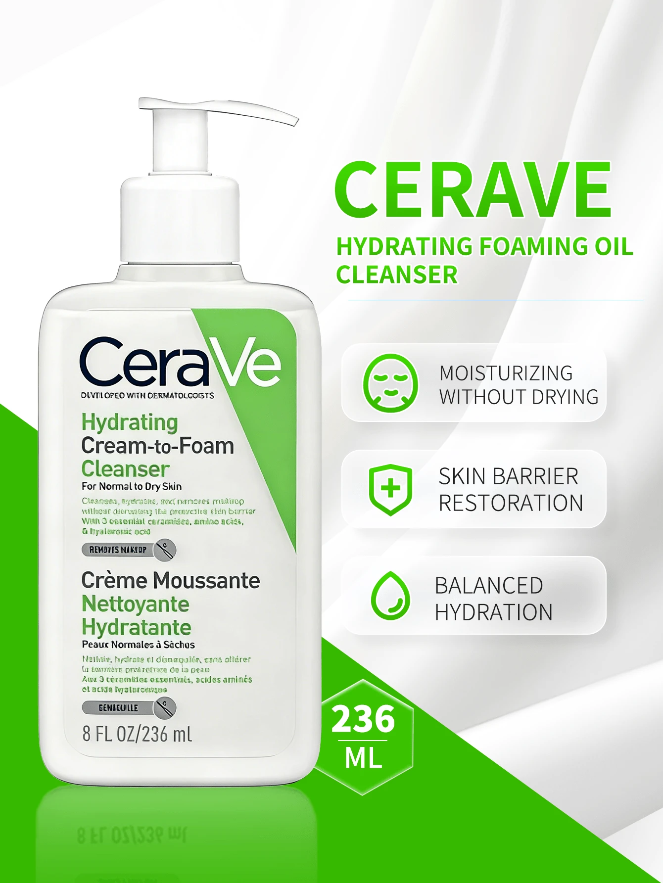 CeraVe Foaming Facial Cleanser, 236ml, Gentle Amino Acid Cleansing - Moisturizing Non-foaming Facial Cleanser 236ml - View 1