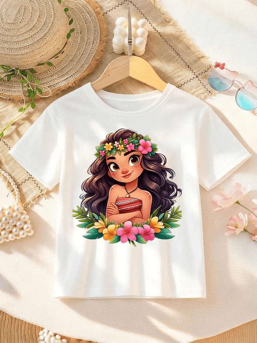 Disney Moana Printed Girls' T-Shirt For Ocean Adventure - Children's Clothing Design Short Sleeve Casual Cute Style Comfortable And Loose, Suitable For Boys And Girls, Perfect For Party And Play, Machine Washable, Gift Packaging, Girls' Short Sleeve Shirt - White - View 1