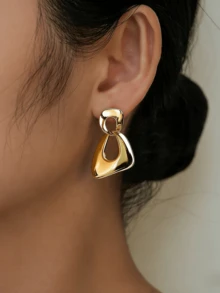 A Pair Of Simple, Glossy, Golden Geometrically Irregular Drop Earrings For Women Everyday Wear - Gold - View 3