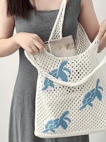 Lightweight Casual Cute Strawberry Pattern Crochet Hollow Detail Vacation Style Suitable For Teenagers And College Students, Perfect For School, Outdoor, Travel, Going Out, Work, Large Capacity Portable Strawberry Handbag - Beige - View 5