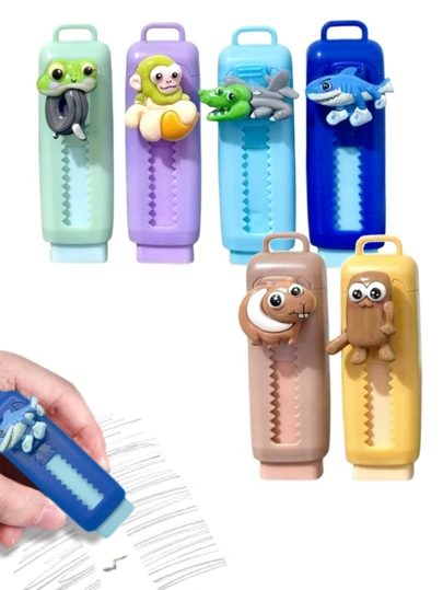 六款造型可爱的橡皮擦，颜色包括黄色、蓝色、棕色、紫色和绿色。这款创意十足的意式橡皮擦是馈赠亲友的绝佳礼物，朋友们一定会喜欢。