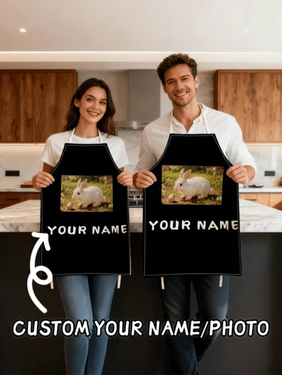 1pc 55x68cm Customizable Name & Image Black Chef Apron, Minimalist Creative Printed Pattern, Easter, Mother's Day, Father's Day Holiday Gift, Personalized DIY Apron, Spring Decor Apron, Suitable For Cooking, Baking, Grilling, Suitable For Spring, Summer, Autumn, A Great Gift