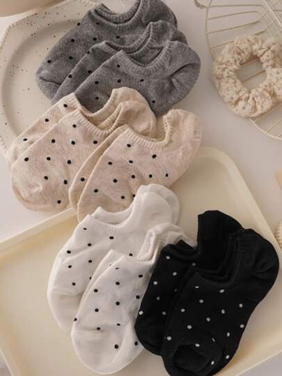 4 Pairs Women's Japanese Style Polka Dot Boat Socks, Invisible Non-Slip Breathable Summer Shallow Boat Socks