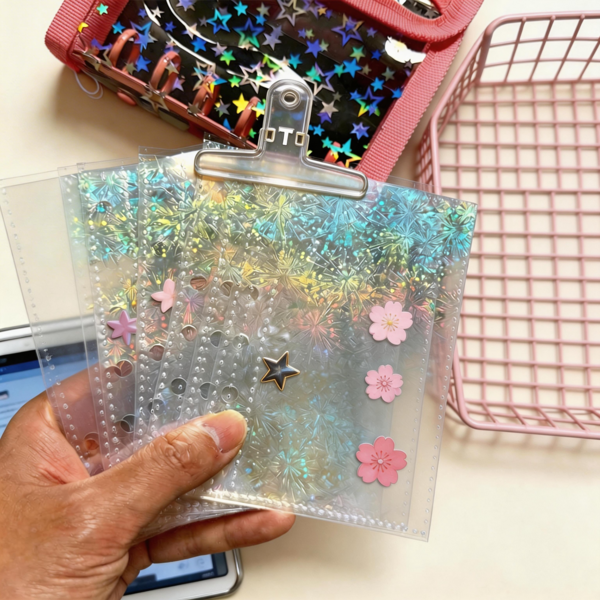 A6/A7/M5 - Transparent Loose-Leaf Paper With Fireworks Pattern, Double-Sided Transparent Inner Pages, Transparent Loose-Leaf Binder Inner Pages, Laser Series, PP Material, Transparent Inner Pages, 3D Embossed Sticker Notebook, Suitable For 3D Embossed Stickers, Photo Card Storage, Sticker Notebooks, Idol Photo Cards, Postcards, Cards, Photos, Idol Photo Cards, Photos, Trading Cards, Student ID Cards, Access Cards Storage, Planners, Nail Art Notebooks, Office Notebooks, Office Supplies, School Supplies And Back To School Supplies.