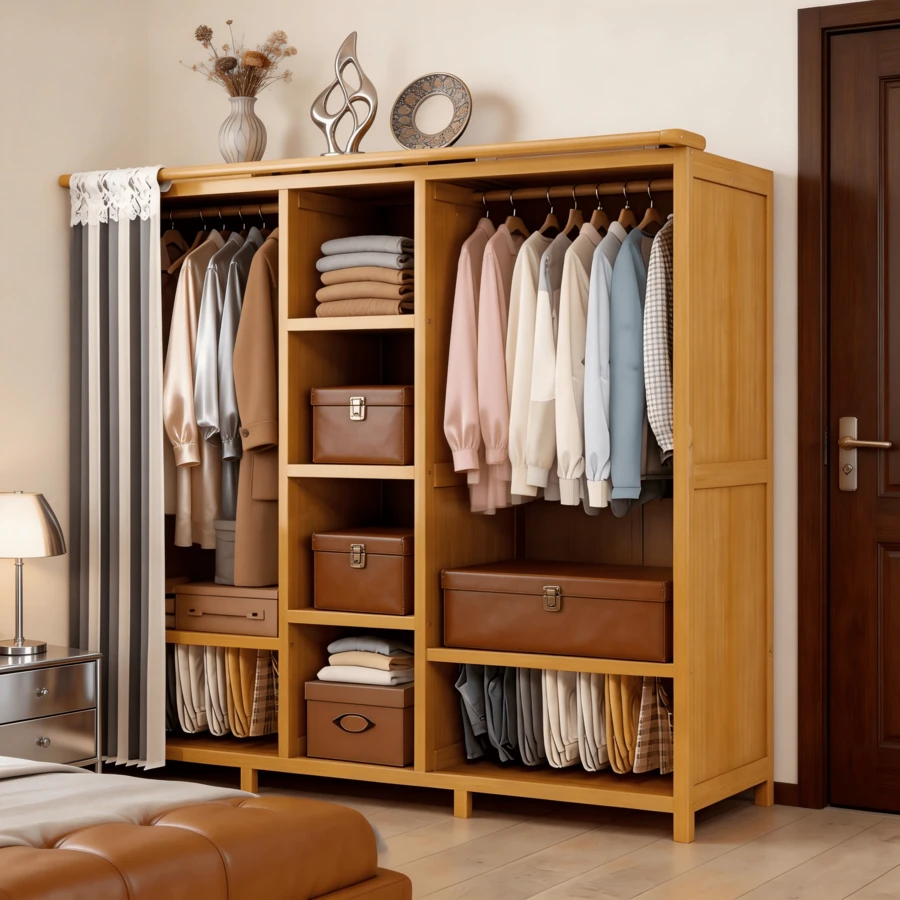 Armario De Madera Organizador De Ropa Moderno Con Cortina, Armario Multifuncional Para Dormitorio - Marrón (a rayas) - Ver 1