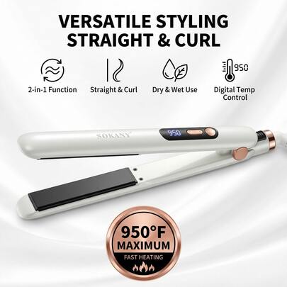  SOKANY Multifunctional Ceramic Flat Iron, Hair Straightener, Straightening Clamp, Hair Styling Flat Iron. Dry & Wet Dual Use, 3-In-1 Function, Can Curl & Straighten Hair, Adjustable Temperature Up To 950°F, LED Display, Fast Heating, 360° Swivel Cord, Suitable For Home And Salon Use.