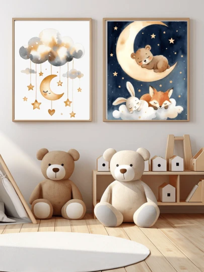 1pc, Canvas Waterproof Wall Art Poster, Framed Children's Room Wall Art, Goodnight Forest Theme Poster, Featuring Bear, Rabbit, Fox, Moon, And Clouds, Watercolor Style, Ideal For Nursery Decor, Suitable As A Newborn Gift Or Nursery Decor, Children's Room Decor, Kindergarten Poster