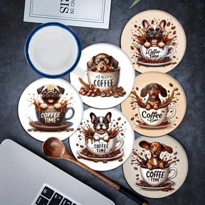 6pcs Cute Pet Dog Coffee Cup Pattern Coaster Set, Tea Cup Mat, Water Cup Pad, Wine Glass Coaster, Coffee Cup Pad, Round Absorbent Silica Gel Coasters, Coffee Bar & Kitchen Accessories, Suitable For Home Decor, Party And Tableware Gifts, All Season Home Decoration