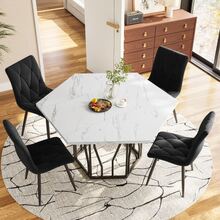Dining Table And Chairs Set (5 Pieces), Modern Hexagonal Marble Table + 4 Black Velvet Dining Chairs, Creating A Warm And Modern Atmosphere. - Black - View 8