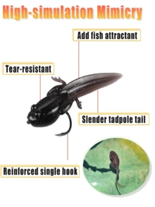 10个/盒仿生蝌蚪软饵，TPE材质漂浮蝌蚪软饵，高度逼真且抗撕裂，增强型单钩设计，适用于淡水和海水飞钓，适用于鲤鱼、鲶鱼、鲈鱼、鳟鱼、鲑鱼等鱼类。 - 黑色 - 查看 6