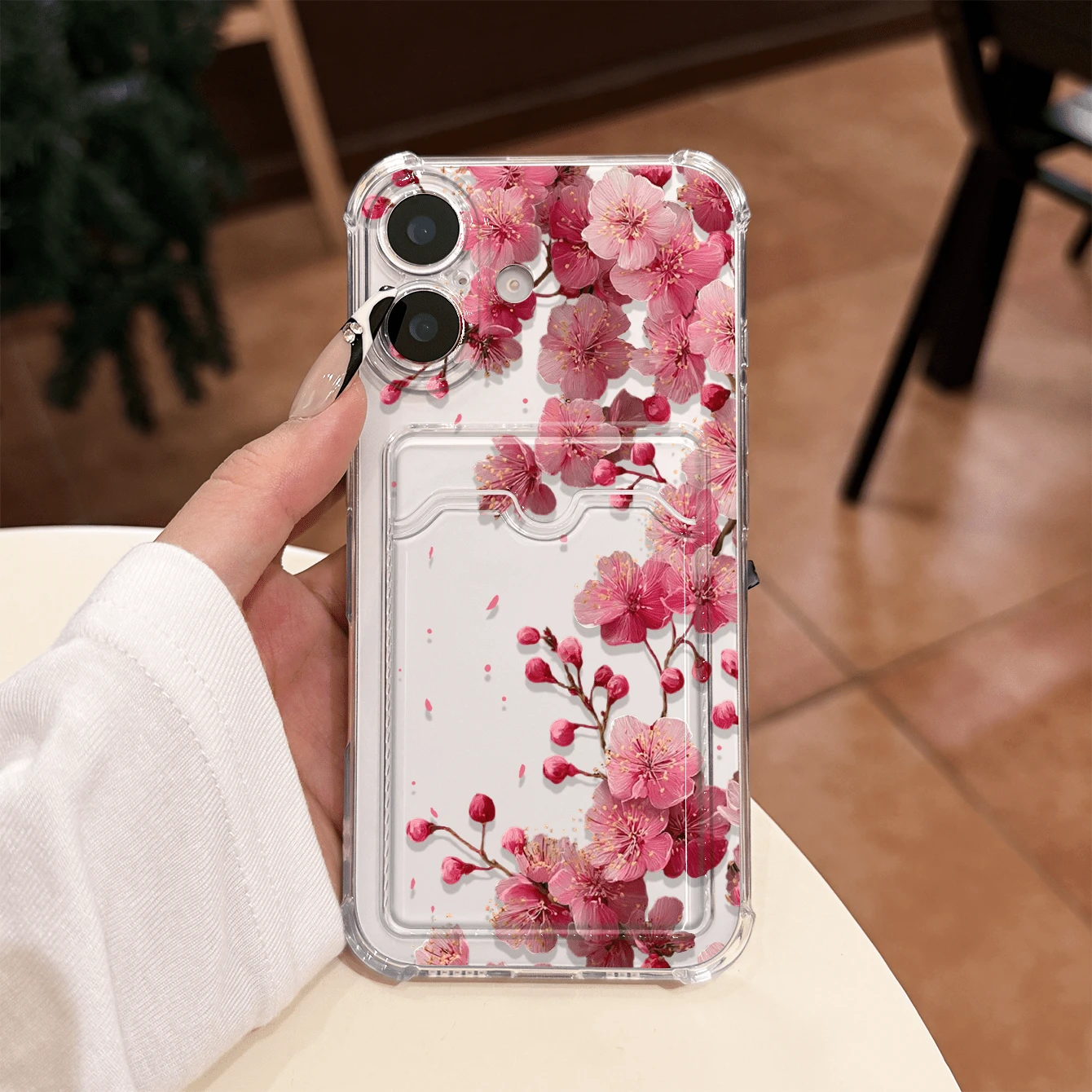 Sakura Card Holder Transparent Phone Case, Compatible With IPhone 11/11Pro/11ProMax, 12/12Pro/12ProMax, 13/13Pro/13ProMax, 14/14Pro/14ProMax, 15/15Pro/15ProMax, 16/16Pro/16ProMax, 17/17Pro/17ProMax. Made Of Transparent Anti-Fall Material, With Air Cushion Corners, Full-Cover Beautiful Sakura Flower And Petal Pattern, Built-In Card Slots, Combining Aesthetics And Practicality. - Clear - View 1