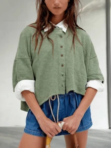 Women Half Sleeve Cropped Cardigan Shirt Short Sleeve Button Down Open Front Crewneck Loose Fit Knit T Shirt Y2k Casual Crop Tops Summer Fall Lightweight Jacket Outwear - 綠色 - 查看 1