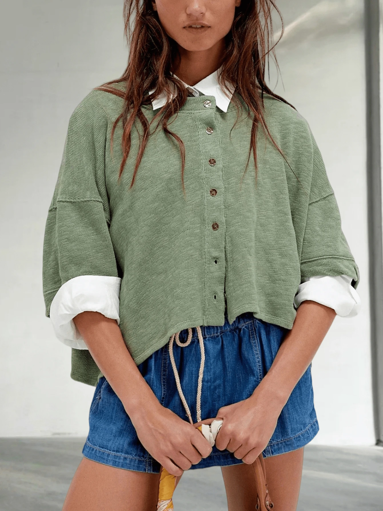 Women Half Sleeve Cropped Cardigan Shirt Short Sleeve Button Down Open Front Crewneck Loose Fit Knit T Shirt Y2k Casual Crop Tops Summer Fall Lightweight Jacket Outwear - 綠色 - 查看 1