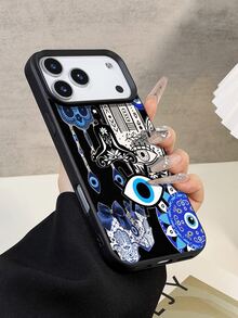 1pc Fashionable Blue Fatima Hand & Evil Eye Mosaic Pattern Litchi Texture Anti-Fall Anti-Slip Soft Phone Case Compatible With Apple, Phones - Multicolor - View 3