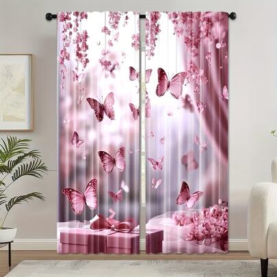 2 piezas de cortinas modernas con diseño de mariposa rosa y bolsillo para barra de poliéster brillante, adecuadas para salas de estar, dormitorios, oficinas, lavables a máquina, ideales para decoración festiva y estacional