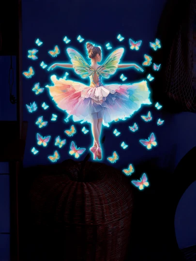 1 pièce Sticker mural de fille papillon fluorescent, décalcomanie murale amovible et auto-adhésive à finition mate pour chambre à coucher, salon, décoration de la maison, cadeaux pour anniversaire, remise des diplômes