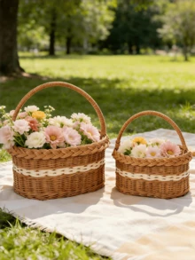 1个带提手的可折叠柳条野餐篮，天然手工编织复活节篮，复活节彩蛋糖果篮，浴室玩具收纳篮，礼品包装篮。白色，家居装饰，水果篮，礼品篮，波西米亚风家居装饰 - 籃子 - 查看 1