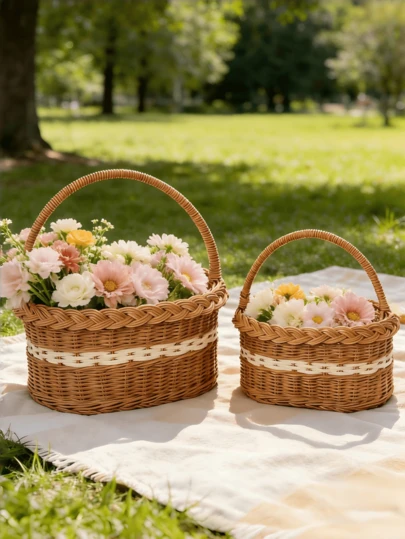 1pc Foldable Willow Picnic Basket With Handles, Natural Handwoven Easter Basket, Easter Egg Candy Basket, Bathroom Toy And Toy Storage Basket, Gift Packaging Basket. White, Room Decor, Fruit Basket, Gift Basket, Boho Home Decor