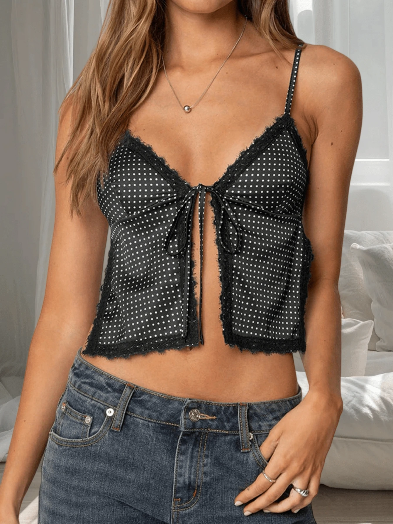 Women Tie Front Split Cami Tank Top Y2K Dots Print Lace Trim Spaghetti Strap V Neck Slim Fit Camisole Crop Tops Sexy Backless Sleeveless Low Cut Vests Shirts Summer Going Out Tops Streetwear - 黑色 - 查看 1