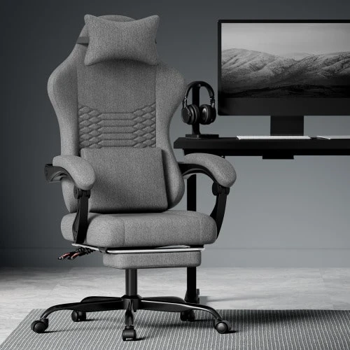 Gaming Chair, Fabric Office Chair, Gaming Chair With Massage Headrest, Ergonomic Racing Gaming Chair With Footrest (Dark Grey) - Dark Grey - View 1