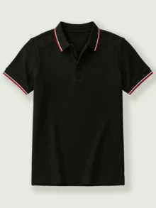 男士黑色 Polo 衫，黑紅白條紋領口與袖口，短袖，休閒運動風，修身剪裁，適合高爾夫球與日常穿著 - 黑色 - 查看 6
