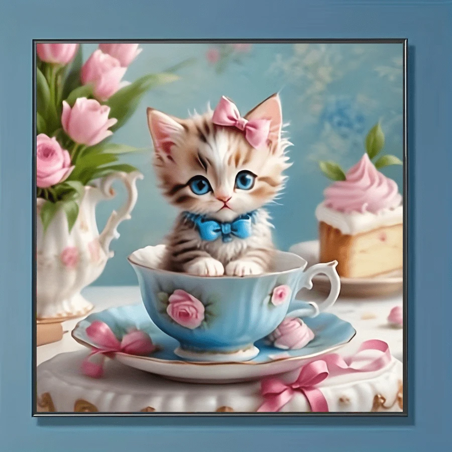 1件装全新钻石画套装，猫咪饮水主题，5D圆形水晶钻石马赛克DIY工艺品，适合作为手工礼品，装饰客厅、卧室，也可用于宰牲节、父亲节、母亲节、婚礼季、五一劳动节、复活节、圣诞节、情人节等场合，无框。