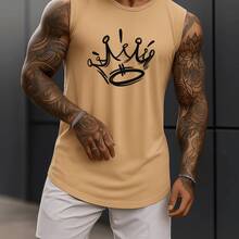 Regata Masculina Estampada Academia Coroa Grande 100% Algodão Premium Camiseta Blusa Verão - Bege - Visão 2